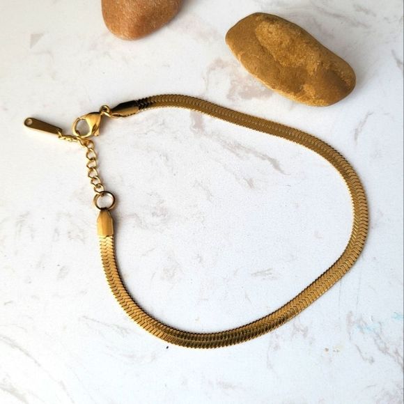 Gold color stainless steel anklets flat snake adjustable - Picture 2 of 6